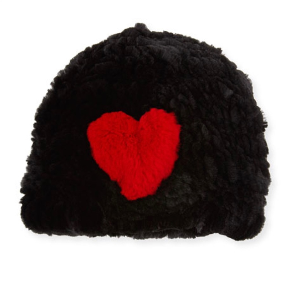 NEW Jocelyn Heart Black and Red Beanie Fur Hat